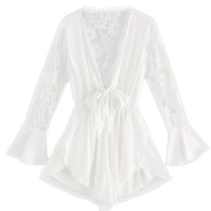 Tie Front Lace Panel Wide Leg ROMPER